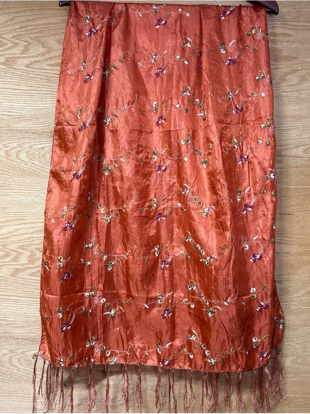 Embroidered Rust Orange Scarf with Fringe